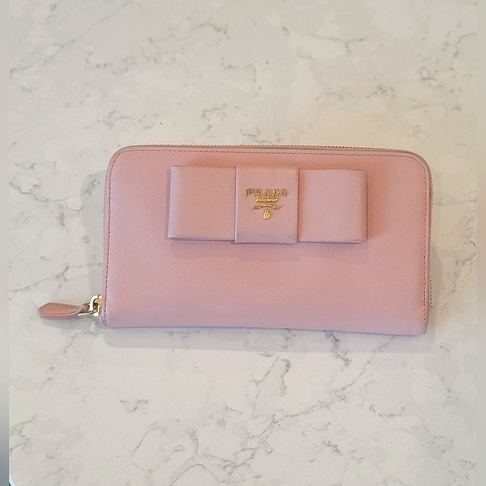 PRADA Long Saffiano Leather Wallet With Bow Pink - Picture 2 of 15